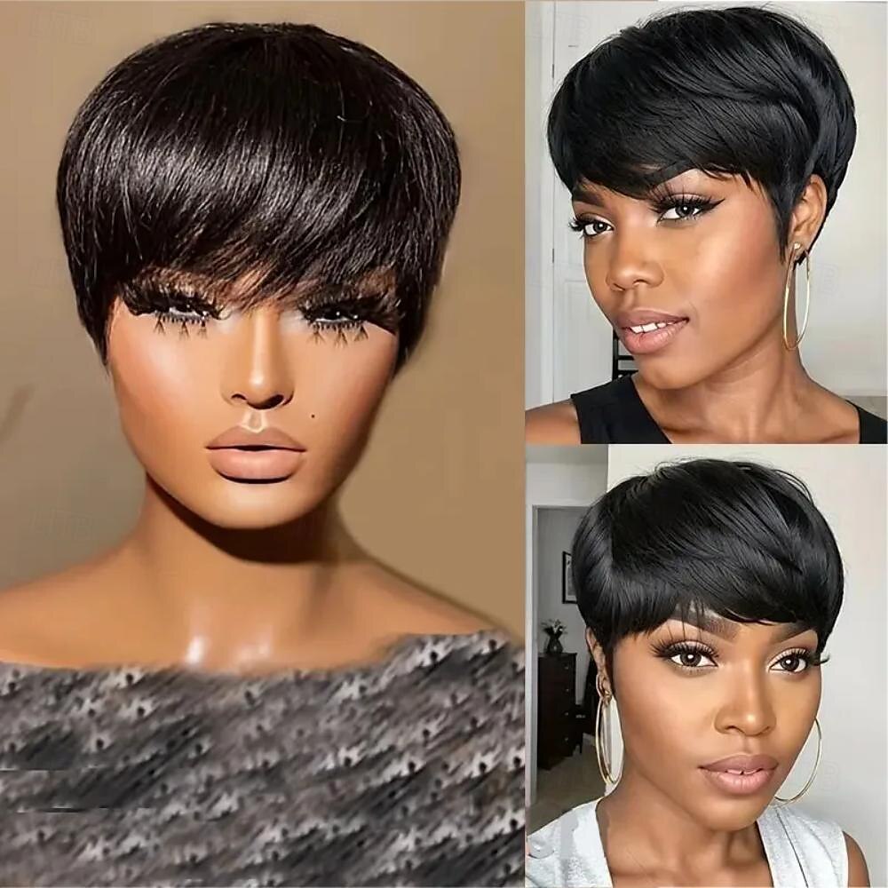 Short Black Layered Wavy Wigs for Women 1B Color Human Hair Short Wigs Pixie Cut Wigs with Bangs 2025 - $42.99 –P4