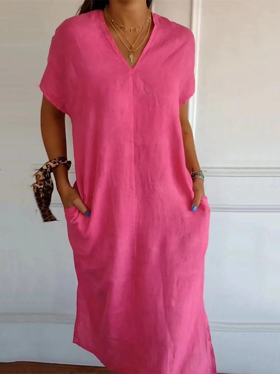Femmes Noir Rouge Vert Été Printemps Robe Midi Robes inspirées du lin Robe Décontractée Basique Moderne Occasionnel Quotidien Week-end Coupe Ample Uni Col en V de 2025 ? $22.99 –P3