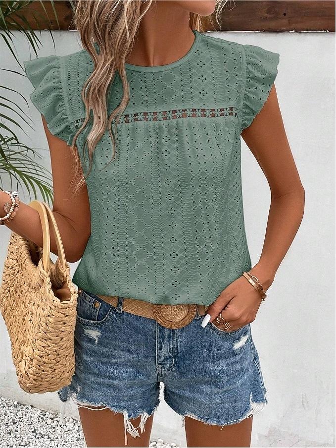 Hemd Bluse Damen Schwarz Weiß Marineblau Glatt Rüsche Ausgeschnitten Strasse Täglich Modisch Rundhalsausschnitt Regular Fit S 2026 - $28.99 –P8