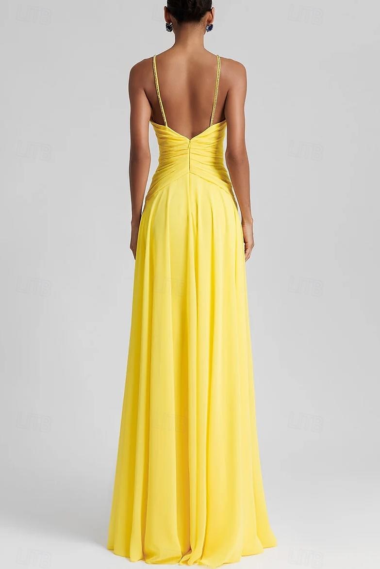 Strandbröllop A-Line Aftonklänning Elegant Klänning Formell Bröllopsgäst Golvlängd Utan Ärmar Juvelhals Chiffon med Strass Glittrande Fållar 2025 - $173.99 –P3