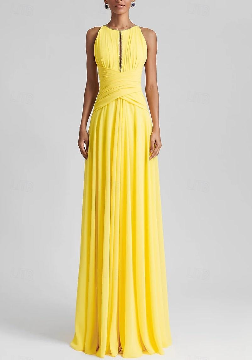 Strandbröllop A-Line Aftonklänning Elegant Klänning Formell Bröllopsgäst Golvlängd Utan Ärmar Juvelhals Chiffon med Strass Glittrande Fållar 2025 - $173.99 –P4