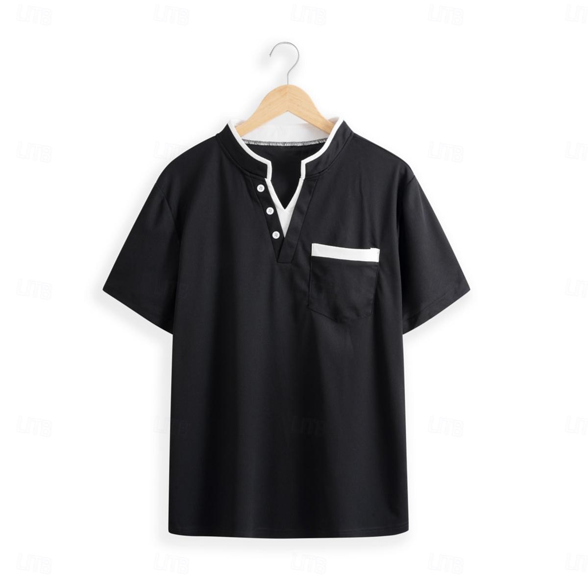 Men's Collarless Golf Shirts Banded Collar Shirt Street Casual Notched V Neck Short Sleeve Fashion Basic Plain Button Summer Regular Fit Black White Navy Blue Gray Collarless Golf Shirts 2025 - $17.99 –P6