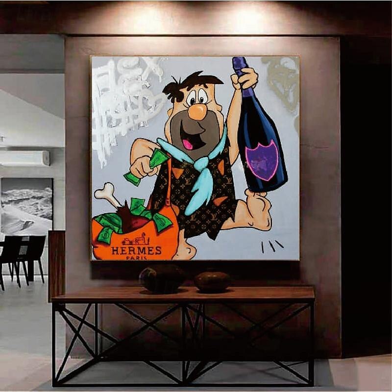 fred flintstone 100% handmålad graffiti konst popkonst målning väggdekor målning för vardagsrum kontor väggkonst tecknad målning 2025 - $200.99 –P7