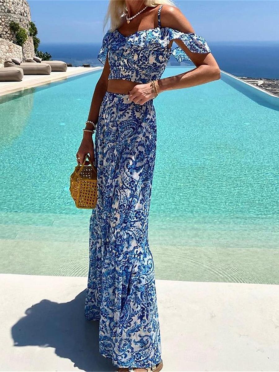 Pentru femei Set de rochii Rochie casual Set fuste Rochie leagăn Activ Modă Floral Fără Spate Imprimeu Rochie Lunga Rochie Maxi Manșon scurt Cu Bretele În aer liber Vacanță Albastru piscină Vară 2025 - $40.99 –P4