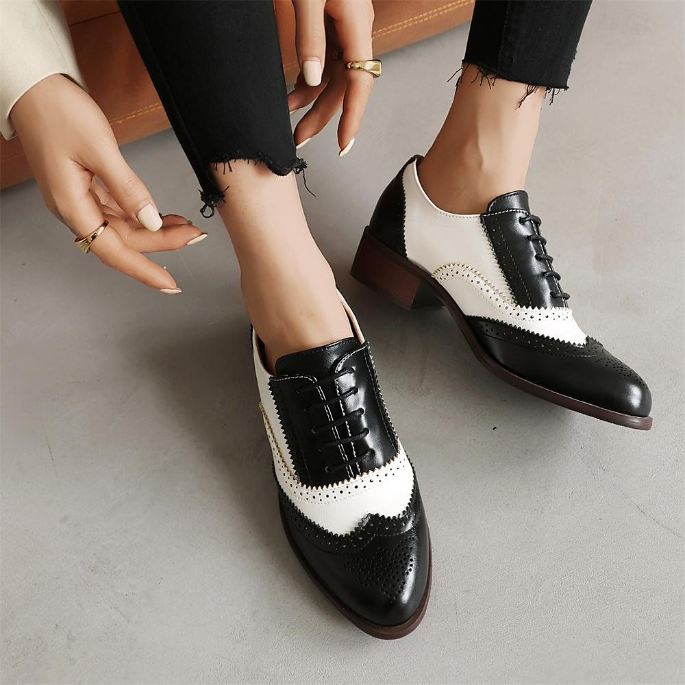 Damen Halbschuhe Retro Bullock Schuhe Täglich Farbblock Schnürsenkel Blockabsatz Runde Zehe Vintage Brautkleider schlicht Wanderschuhe PU Schnürsenkel Schwarzes Gold Schwarz / weiss Rosa 2025 - $59.99 –P8