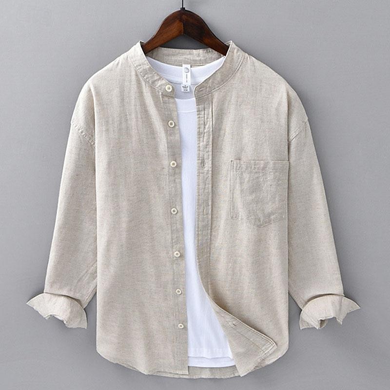 Per uomo Camicia Camicia di lino Camicia con colletto cinese Camicia con colletto alla coreana Camicia casual Camicia di cotone Semplice Vacanza Camicia hawaiana Bianco Blu Beige Manica Lunga del 2025 a $45.99 –P10