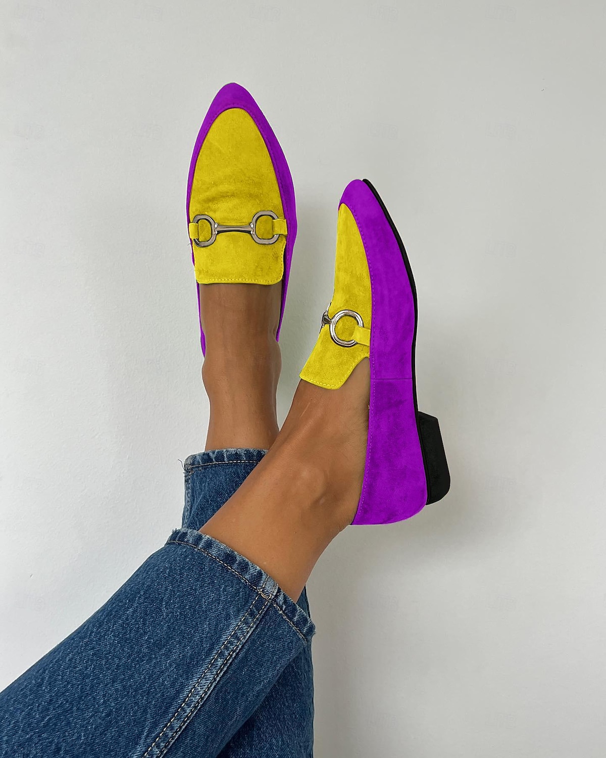 Women's Vibrant Yellow and Purple Faux Suede Loafers - Pointed Toe Slip-On Flats with Metallic Buckle Detailing for Chic Casual Style 2025 - $42.99 –P1