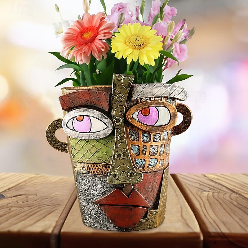 Maceta abstracta brutalista con cara de belleza, colorida maceta con cabeza de resina con asas para facilitar el movimiento, decoración artística única para plantas de interior/exterior, regalo perfecto para los amantes del arte y las plantas. 2025 - $35.99 –P7