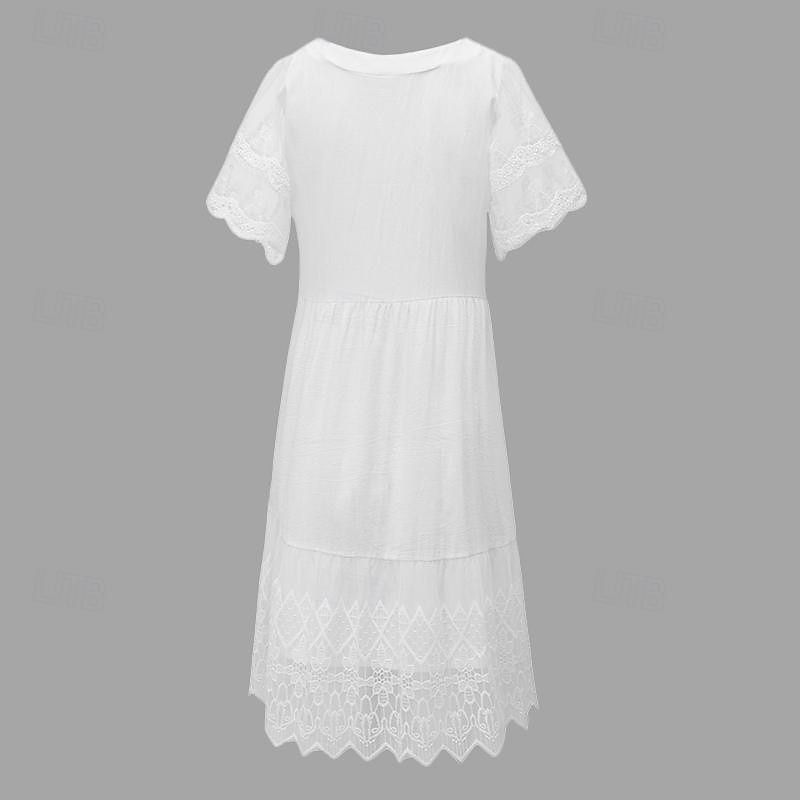 שמלת קיץ לנשים עם צווארון V עם שרוולים קצרים פרט תחרה מותן גבוה חצאית אלגנטית מזדמנת מסיבה אלגנטית כותנה לבנה התאמה נוחה למספר מידות 2026 - $26.99 –P2