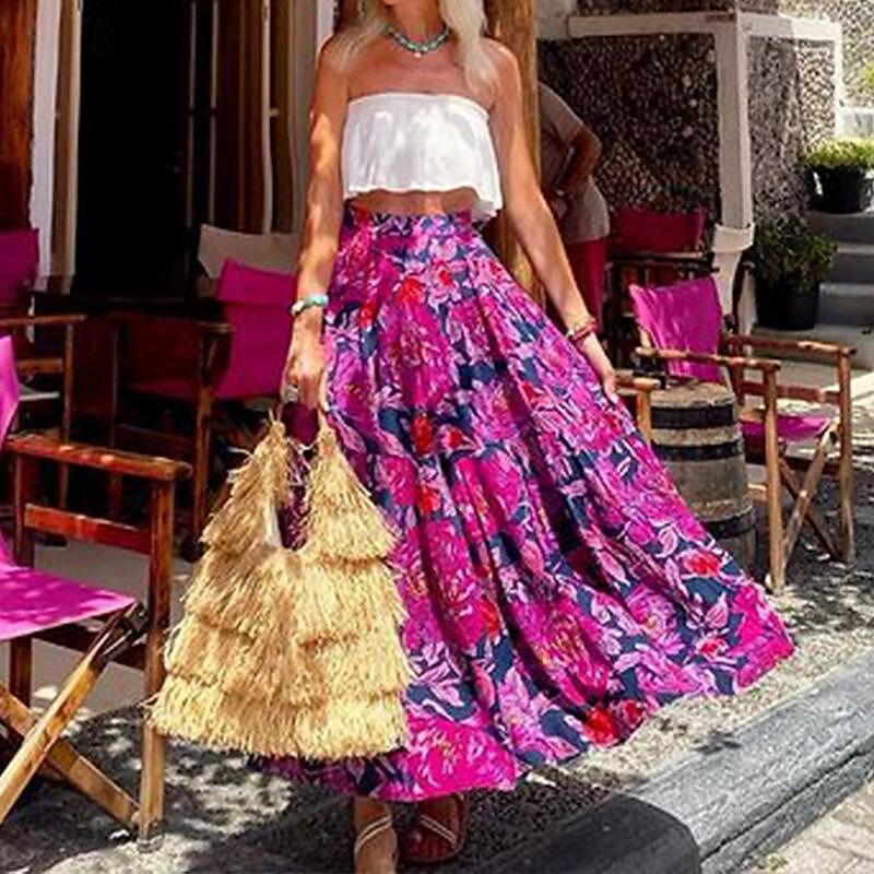 gonna donna a trapezio altalena maxi gonne stampa floreale vacanza estate casual boho fucsia del 2025 a $26.99 –P1