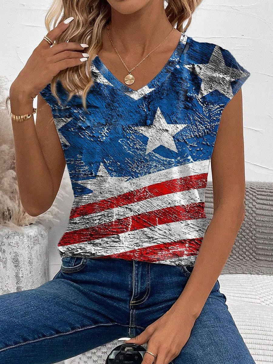 Kvinners patriotiske cami-top amerikansk flagg uformell kort erm V-hals vanlige topper daglig blå sommer 2025 - $17.99 –P1
