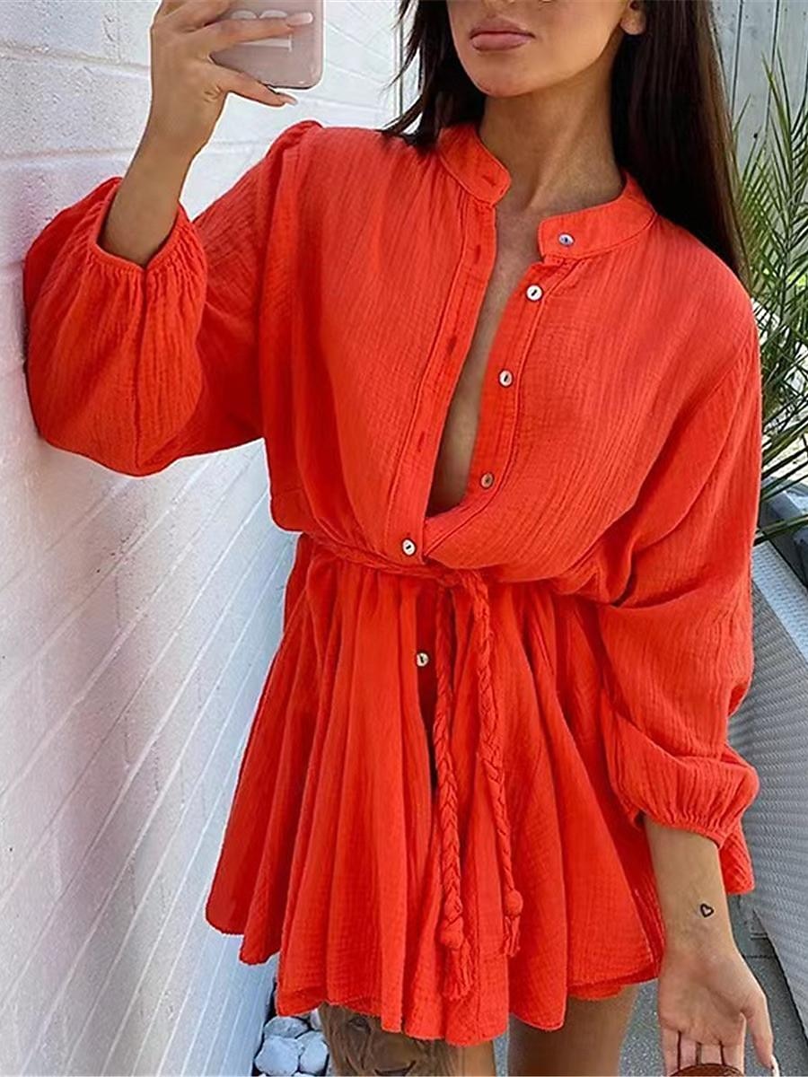 Damen Weißes Kleid blusenkleid Minikleid Verabredung Urlaub Leinen Basic Brautkleider schlicht Ständer Taste Langarm Sommer Frühling Regular Fit Glatt 2025 - $26.99 –P2