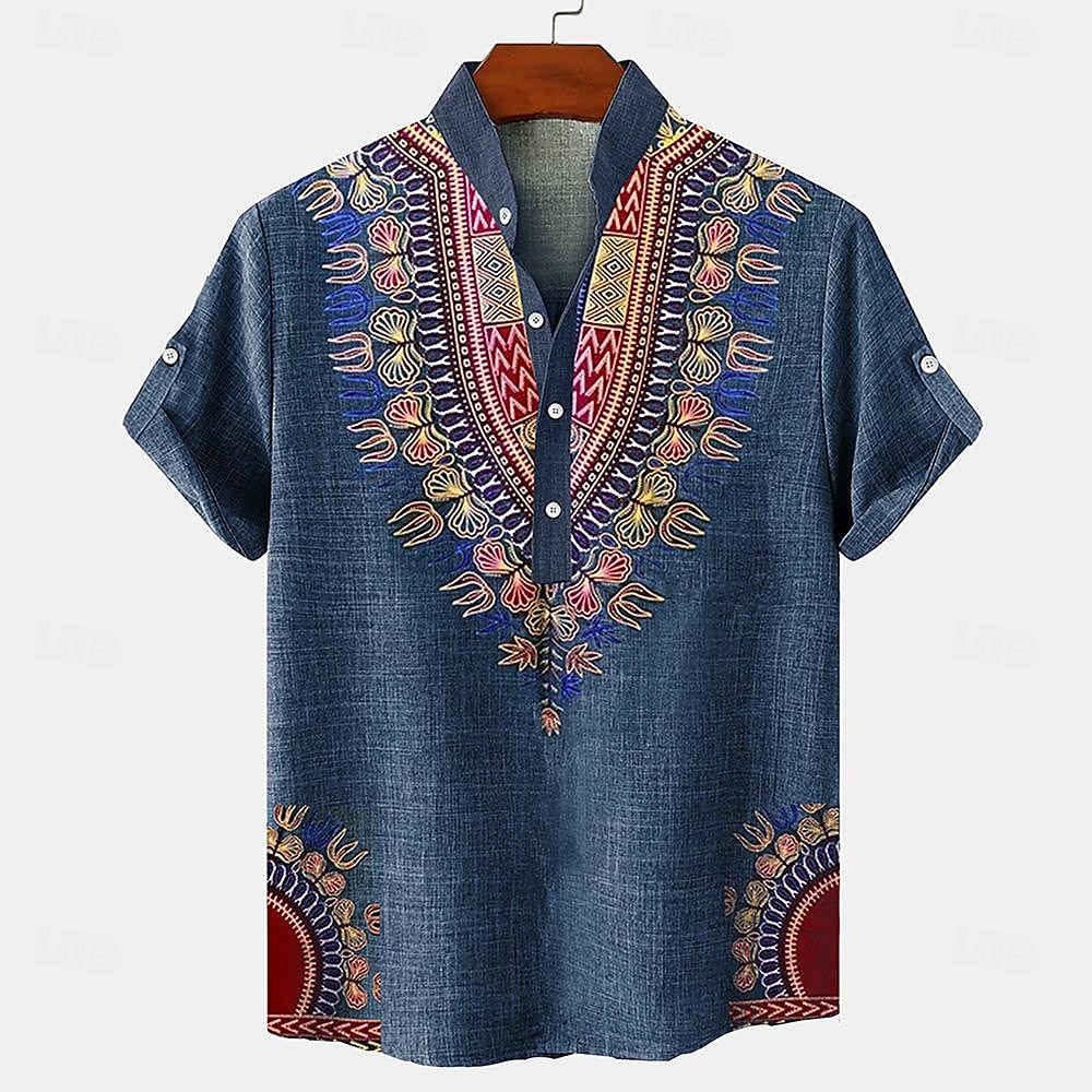 Homme Chemise Lin Chemise Henley Shirt chemises rétro Chemise Vintage Chemise ethnique Ethnique Vacances du quotidien Bleu Vert Manche Courte Col Mao Eté Printemps Vêtement Tenue Imprimer de 2025 ? $27.99 –P1