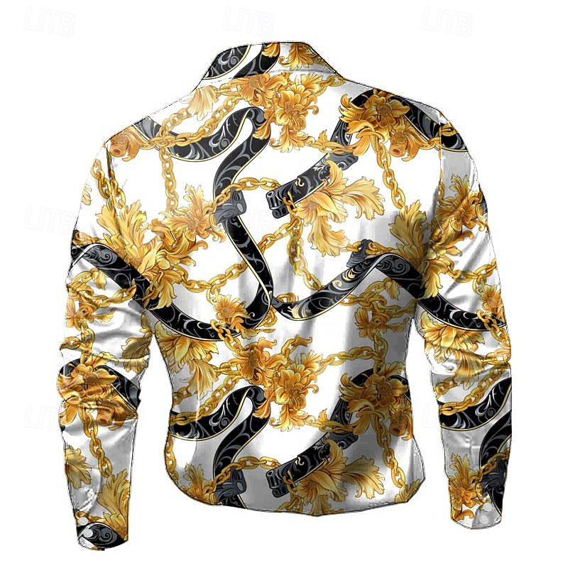 Herren Barock- Oberhemd Knopfhemd Langarm Modisch lässig Formal Urlaub Abendgesellschaft Sommer Frühling Herbst Umlegekragen Hemden mit Kragen Knopf Bedruckt Weiß Gelb 2025 - $27.99 –P2
