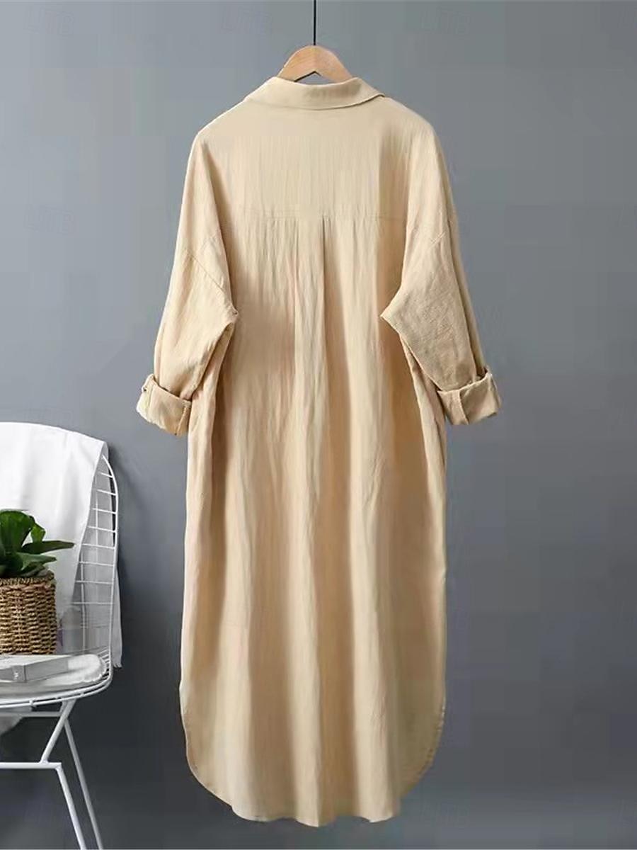 Women's White Dress Shirt Dress Cotton Linen Dress Midi Dress Office Vacation Linen Basic Casual Shirt Collar Button Long Sleeve Summer Spring Loose Fit Plain 2025 - $39.99 –P11