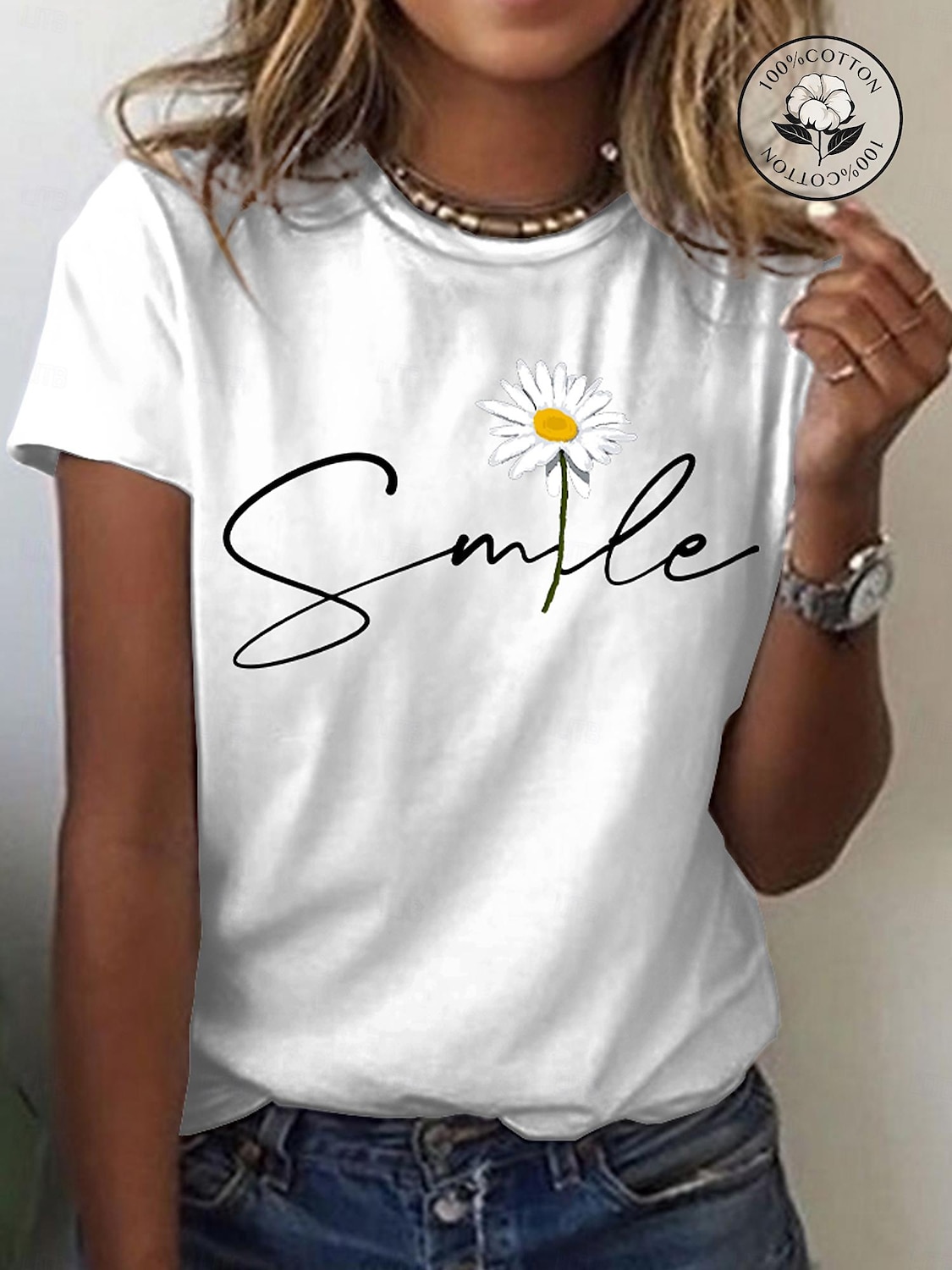 Women's T Shirt Daisy Basic Short Sleeve Round Neck Regular Tops Casual Weekend Print Black White Yellow Pink Navy Blue 2025 - $27.99 –P12