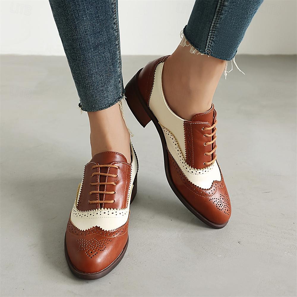 Damen Halbschuhe Retro Bullock Schuhe Täglich Farbblock Schnürsenkel Blockabsatz Runde Zehe Vintage Brautkleider schlicht Wanderschuhe PU Schnürsenkel Schwarzes Gold Schwarz / weiss Rosa 2025 - $59.99 –P12