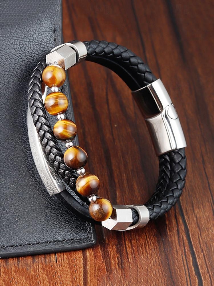 Geflochtenes Lederarmband für Herren mit Tigerauge-Perlen und Edelstahl-Akzenten – stilvoller Schmuck für legere oder formelle Anlässe 2025 - $18.99 –P1