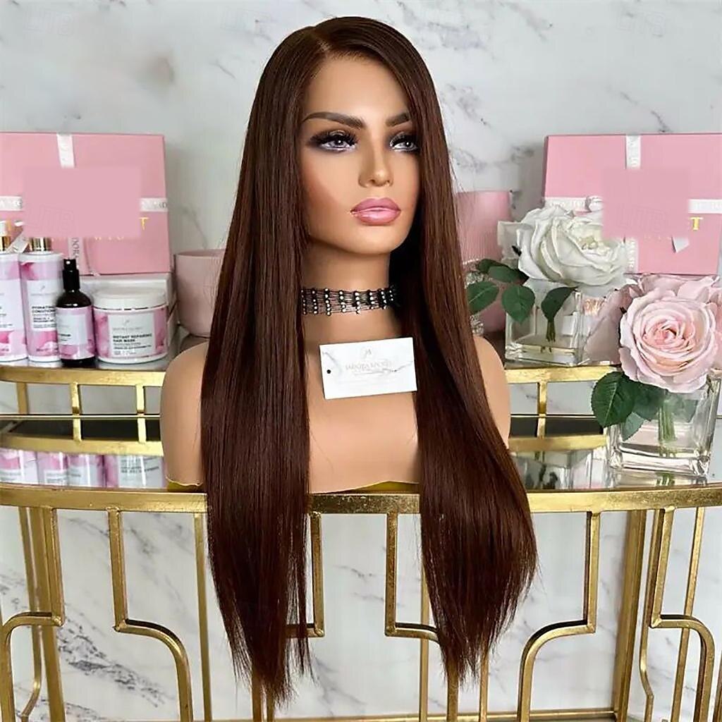 Perruque Cheveux vierges non transformés 13x4 devant en dentelle Cheveux Brésiliens Droit soyeux Marron Auburn Partie libre Femme Densité 130% 150% avec des cheveux de bébé Ligne de Cheveux Naturelle de 2025 ? $215.69 –P4