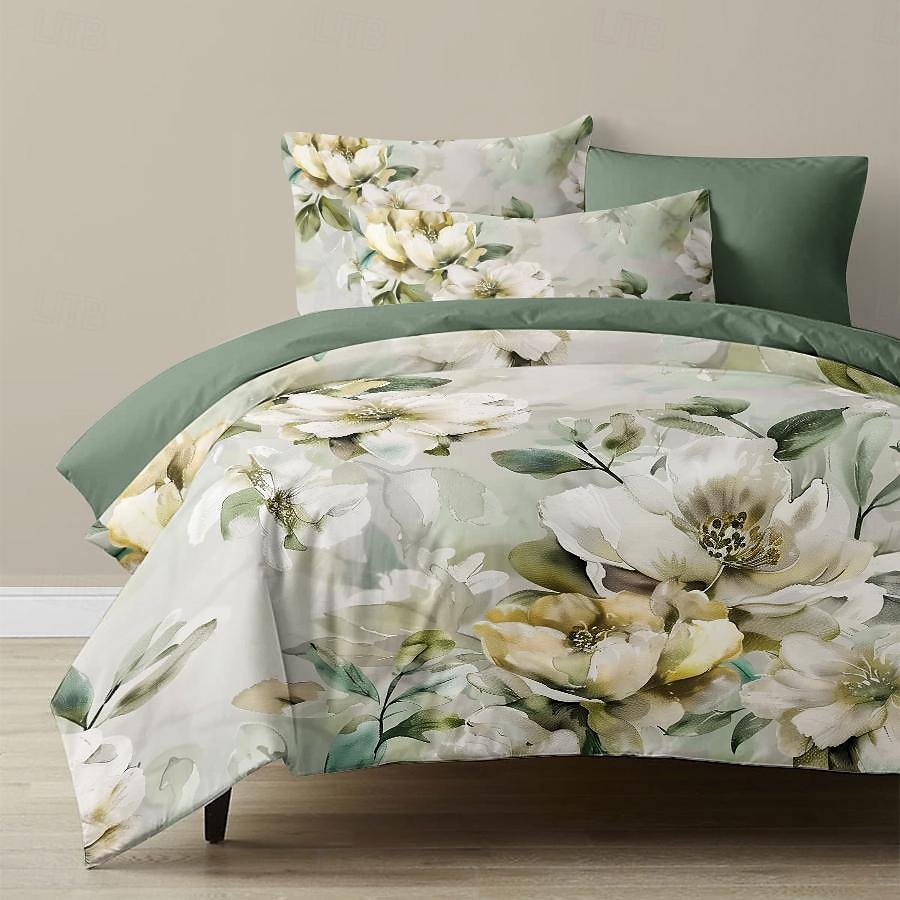 100 % bomull hvit blomst dynetrekk i plysj stoff 3-delt sett for sommer myk hudvennlig langvarig behagelig lettvekt 2025 - $60.99 –P6
