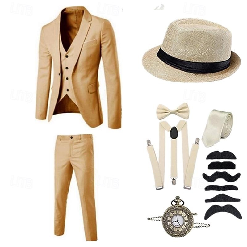 Vintage Glada 20-talet 1920-talet Kläder Kostymer och kavajer Tillbehör set Den store Gatsby Herre Ensfärgat Halloween V-hals Maskeradkläder Herr Halloween Halloween Möhippa Vuxna Kravatt Kappa Väst 2025 - $86.99 –P6