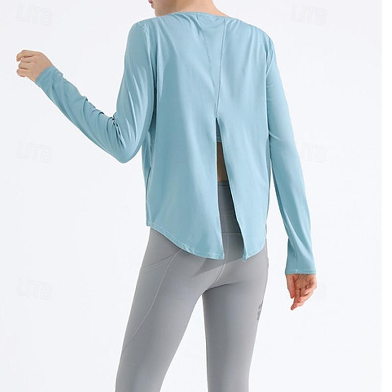 Women's Crew Neck Yoga Top Split Solid Color Black White Yoga Fitness Running Tee Tshirt Top Long Sleeve Sport Activewear Breathable Quick Dry Lightweight Stretchy Loose Fit 2025 - $27.99 –P16