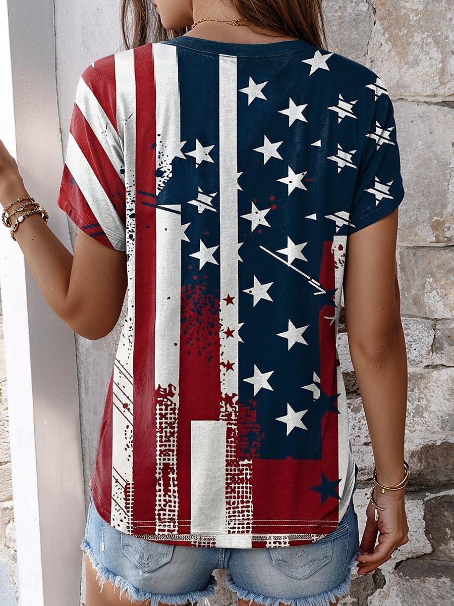 Tricou patriotic femei cu steag american stilat roșu alb și albastru mânecă scurtă gât în V regular print cu butoane albastru vară 2025 - $24.99 –P2