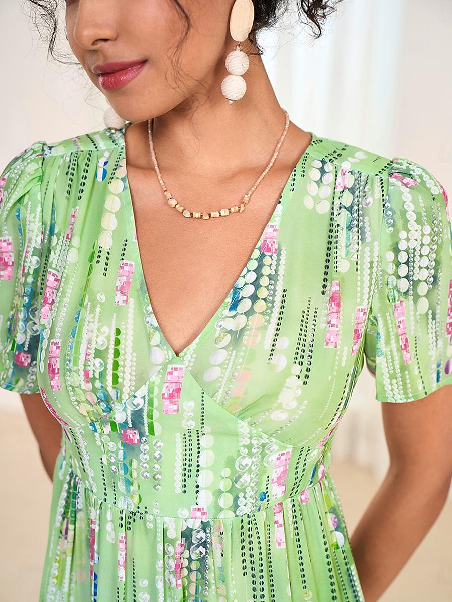 Damen abstrakt gerafftes Plissee V-Ausschnitt Maxikleid Party Kurzarm Sommer 2025 - $52.99 –P5