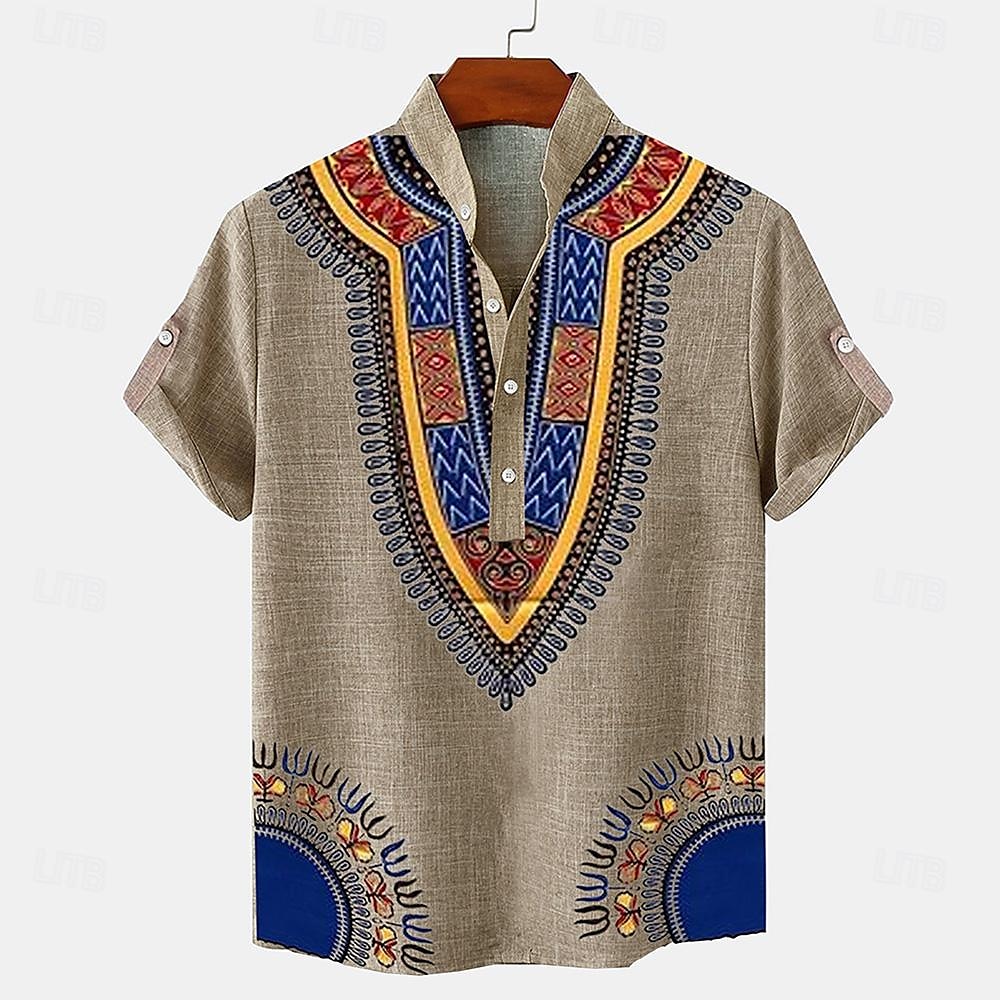 Męskie lniana koszula Koszula Henley koszule w stylu retro Koszula w stylu vintage Koszula etniczna Urlop Codzienny Zielony Khaki Beżowy Krótki rękaw Kołnierzyk chiński Lato Wiosna Odzież Druk 3D 2025 - $27.99 –P5