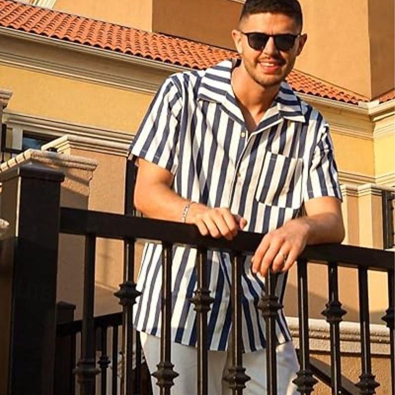 Per uomo Camicia Camicia Estiva Camicia casual Camicia con colletto cubano Camicia con Bottoni Camicia con collo camp Nero Blu Manica Corta A righe Collo ripiegato Stampa 3D Ferie Righe Abbigliamento del 2025 a $21.99 –P1