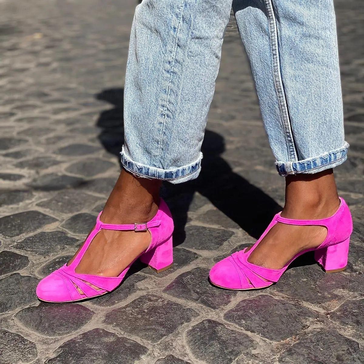 Women's Red Suede T-Strap Heels with Block Heel – Vintage Style, Comfortable Fit for Casual and Evening Wear 2025 - GBP £34 –P2