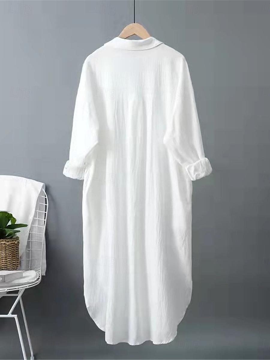 Women's White Dress Shirt Dress Cotton Linen Dress Midi Dress Office Vacation Linen Basic Casual Shirt Collar Button Long Sleeve Summer Spring Loose Fit Plain 2025 - $39.99 –P2