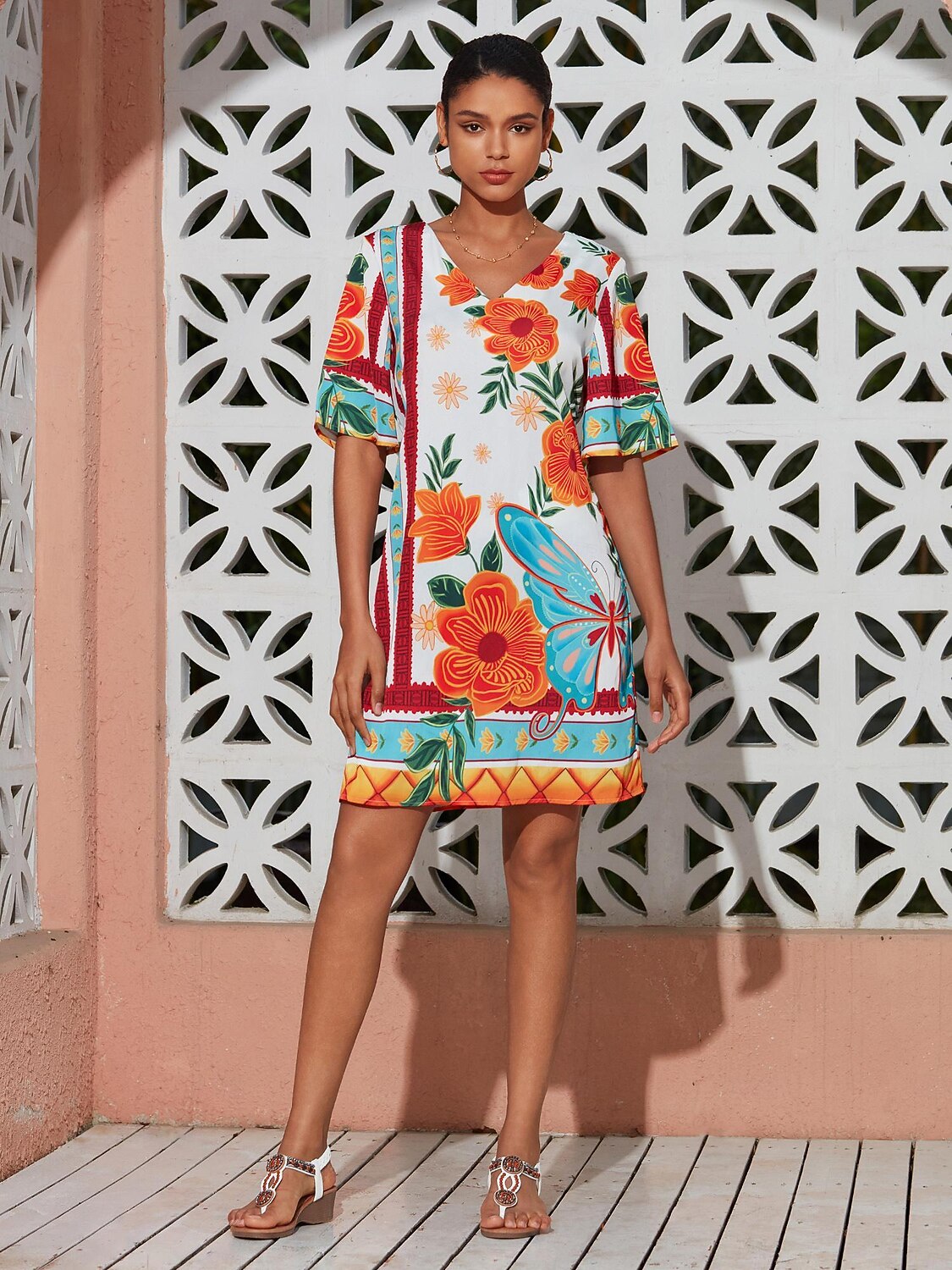 mini abito da donna con stampa floreale, scollo a V, manica corta, vestito estivo con motivo floreale arancione, casual, abbigliamento da spiaggia, stile elegante del 2025 a $64.99 –P6