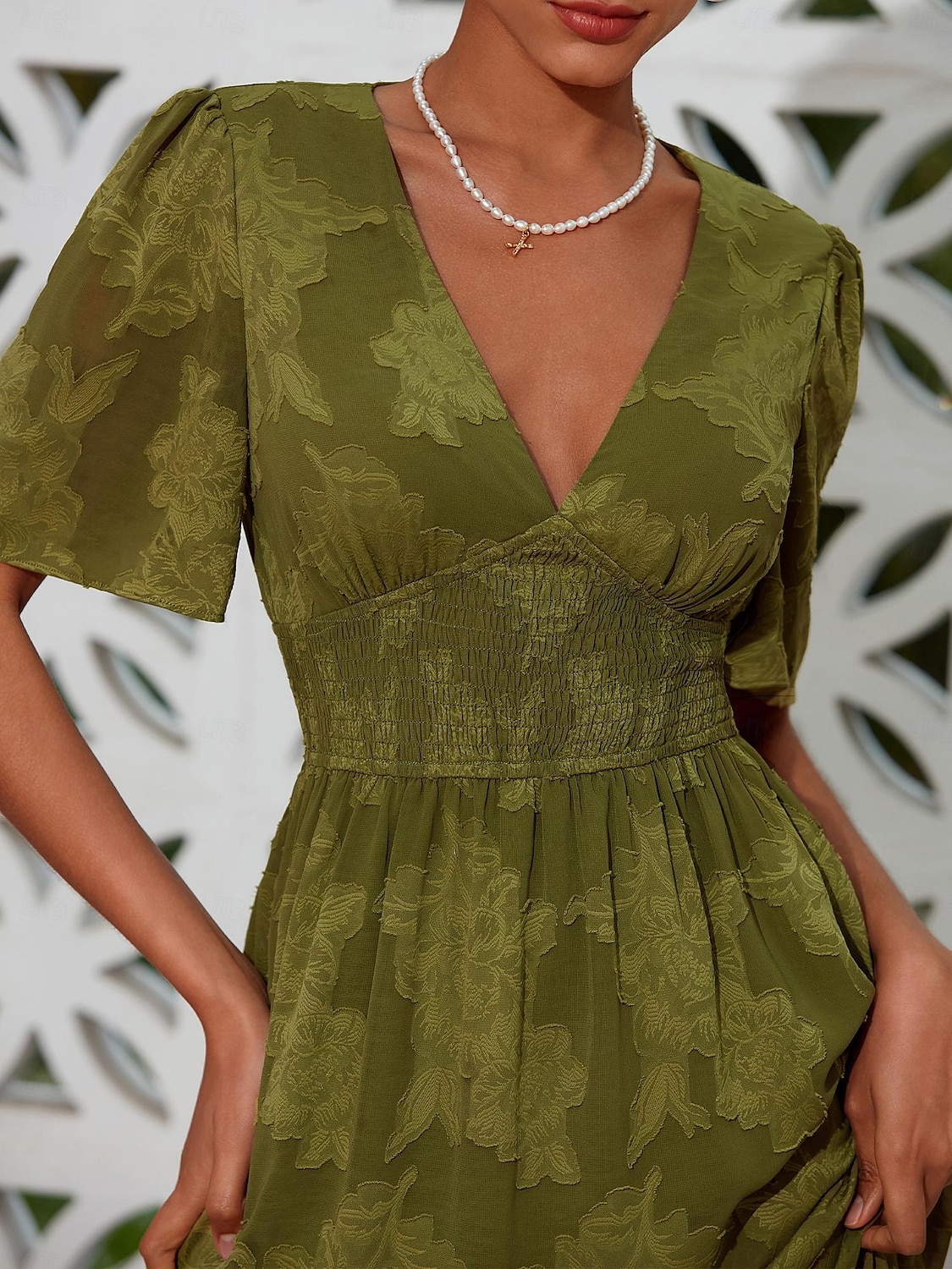 Mulheres Vestido elegante Verde Manga Curta Jacquard Jacquard Primavera Verão Decote V Vestido elegante Férias Encontro S M L de 2025 por $57.99 –P3