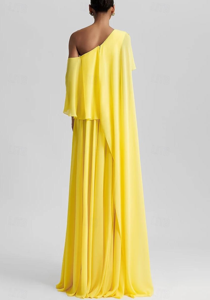 Robe de soirée A-Ligne Robe Élégante Robe de mariage à la plage Invité de mariage Formelle Longueur de sol Sans manches Épaule unique Chiffon extensible avec Volants Fente 2025 de 2025 ? $167.99 –P4