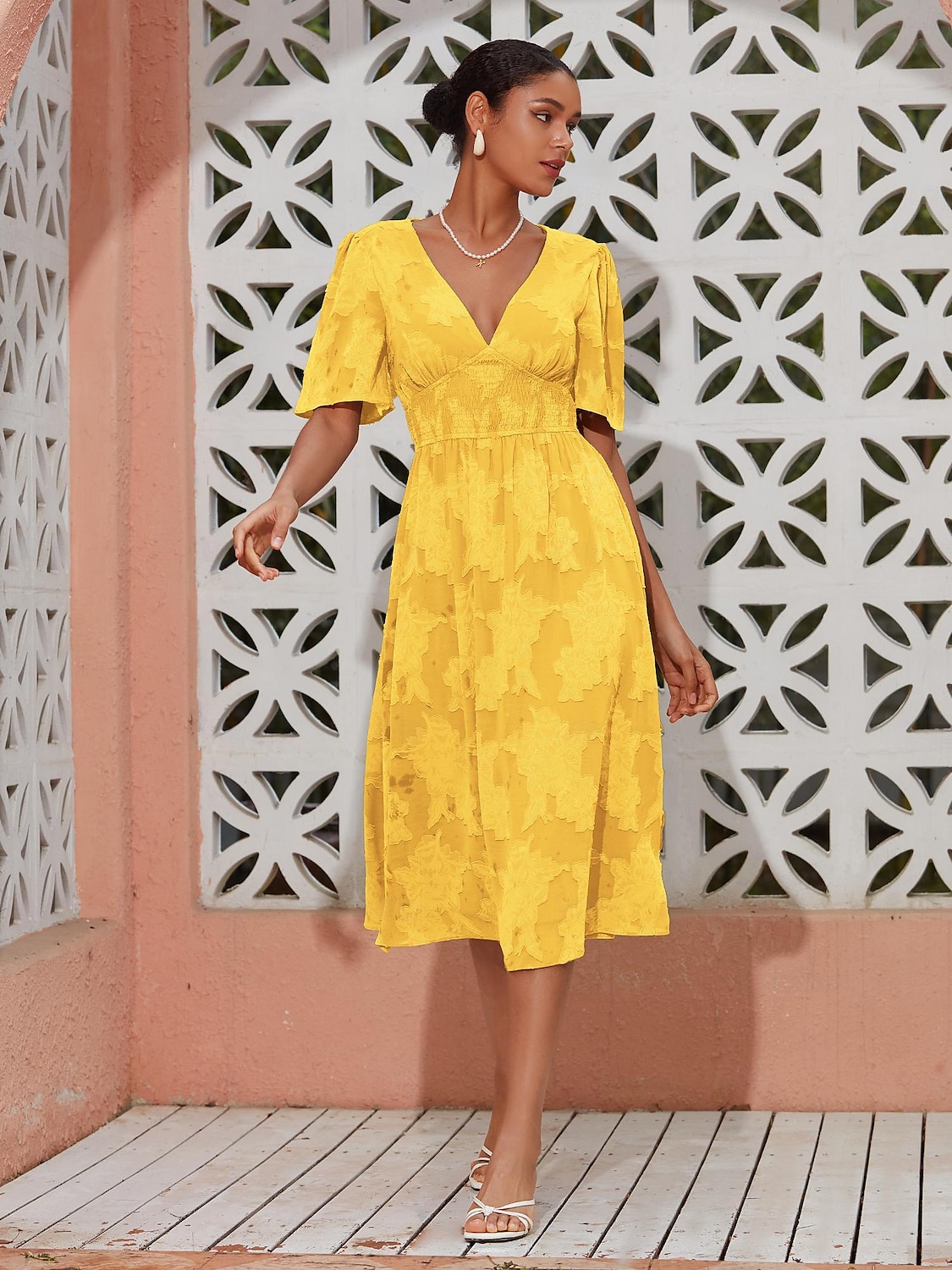 Mulheres Vestido elegante Verde Manga Curta Jacquard Jacquard Primavera Verão Decote V Vestido elegante Férias Encontro S M L de 2025 por $57.99 –P16