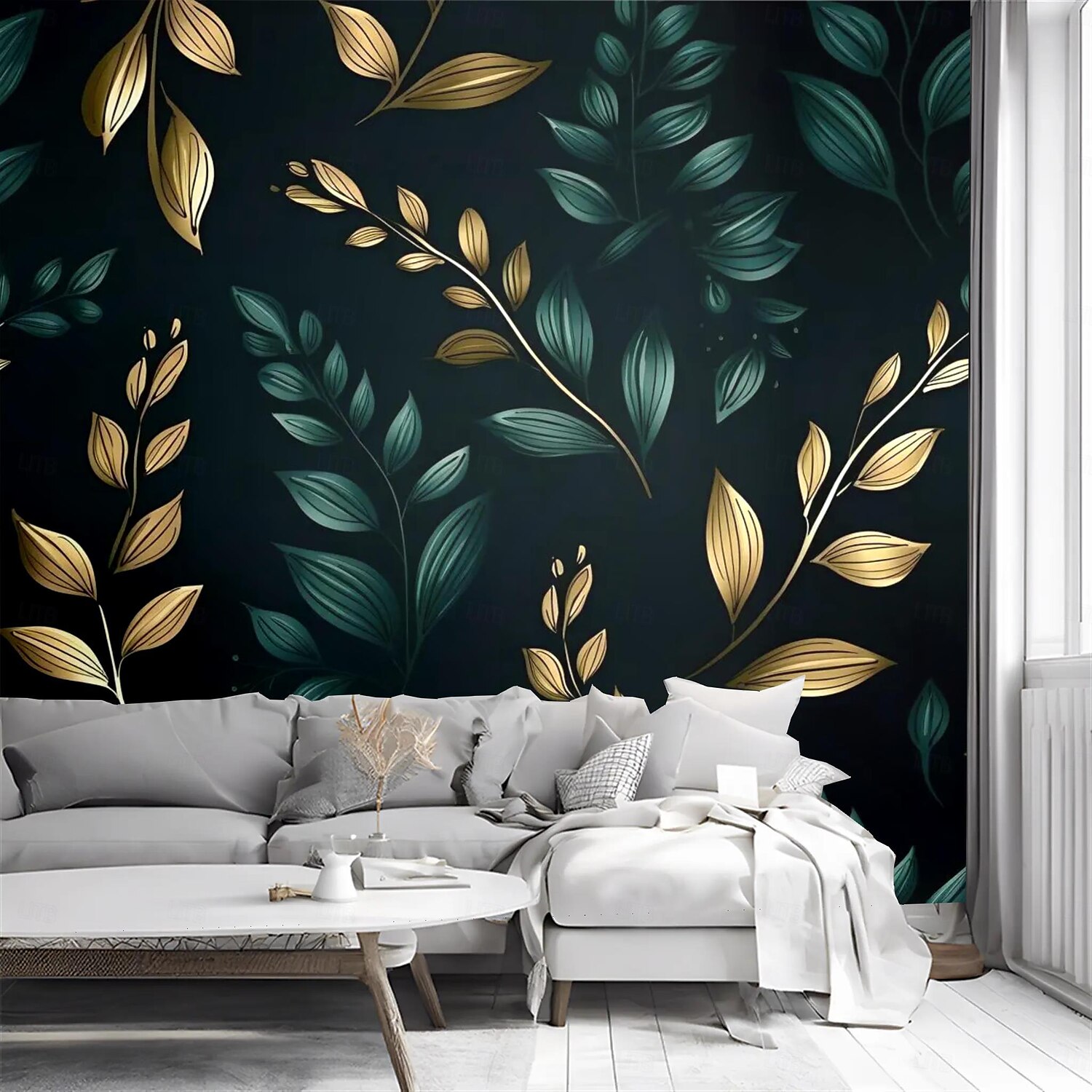 Papel de parede legal, mural de parede, folhas verdes douradas, adesivo de parede, cobertura de impressão, tela necessária, decoração de casa de 2025 por $13.99 -P6
