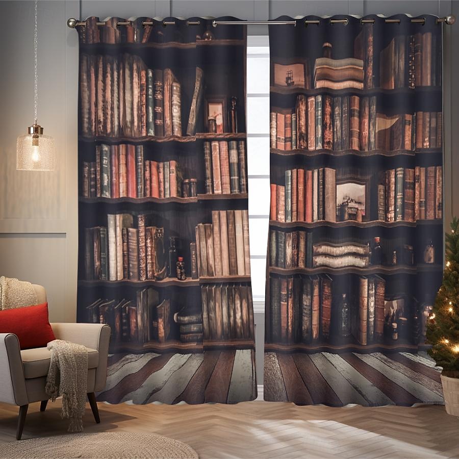 Vintage Bücherregal Verdunkelungsvorhänge Türisolierung Außenbalkon Rest Wohnzimmer Wohndekoration 2-teiliges Set mit 3D-Digitaldruck perforiert 2026 - $41.99 –P16