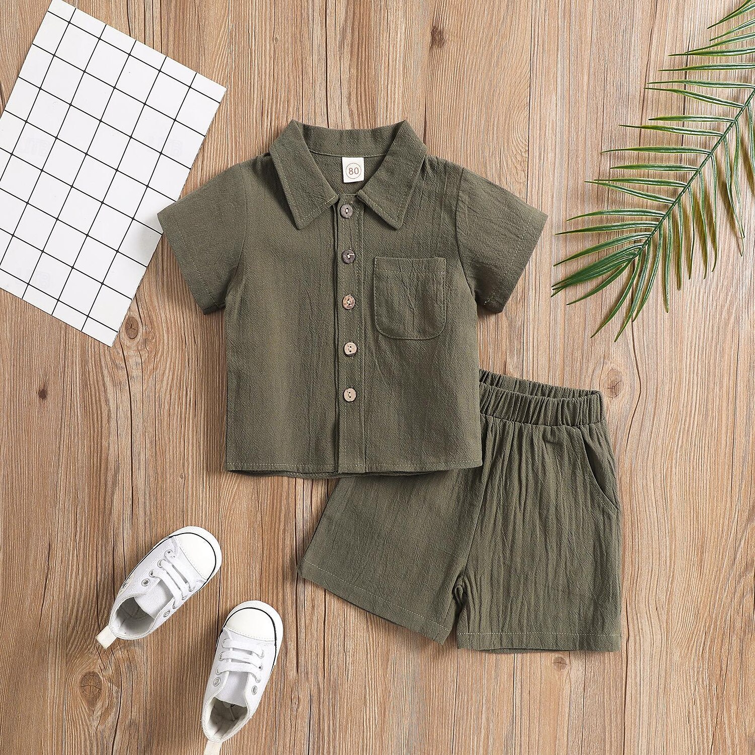 2-delig Peuter Jongens T-shirt & shorts Kleding Effen Kleur Korte mouw Set School Modieus Dagelijks Zomer Lente 3-7 jaar Licht Blauw Leger groen Wit 2025 - $14.99 –P5
