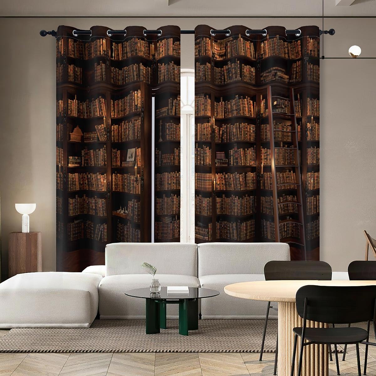 Vintage Bücherregal Verdunkelungsvorhänge Türisolierung Außenbalkon Rest Wohnzimmer Wohndekoration 2-teiliges Set mit 3D-Digitaldruck perforiert 2026 - $41.99 –P11