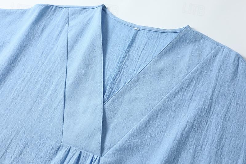dames midi-jurk v-hals gekreukte textuur lichtblauw korte mouw casual strandkleding losse pasvorm ademende zomerkleding 2025 - $10.99 –P3