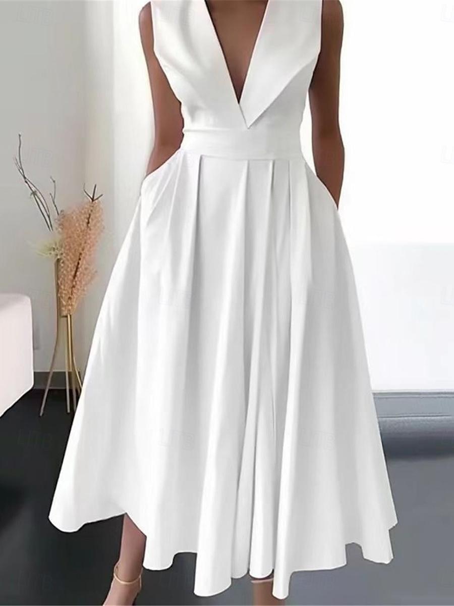 Pentru femei Rochie albă Rochii Midi Buzunar Vacanță Elegant Șic Stradă În V Fără manșon Alb Culoare 2025 - $47.99 –P1