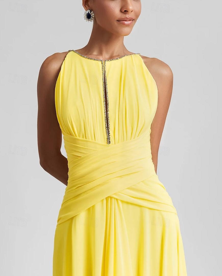 Strandbröllop A-Line Aftonklänning Elegant Klänning Formell Bröllopsgäst Golvlängd Utan Ärmar Juvelhals Chiffon med Strass Glittrande Fållar 2025 - $173.99 –P2