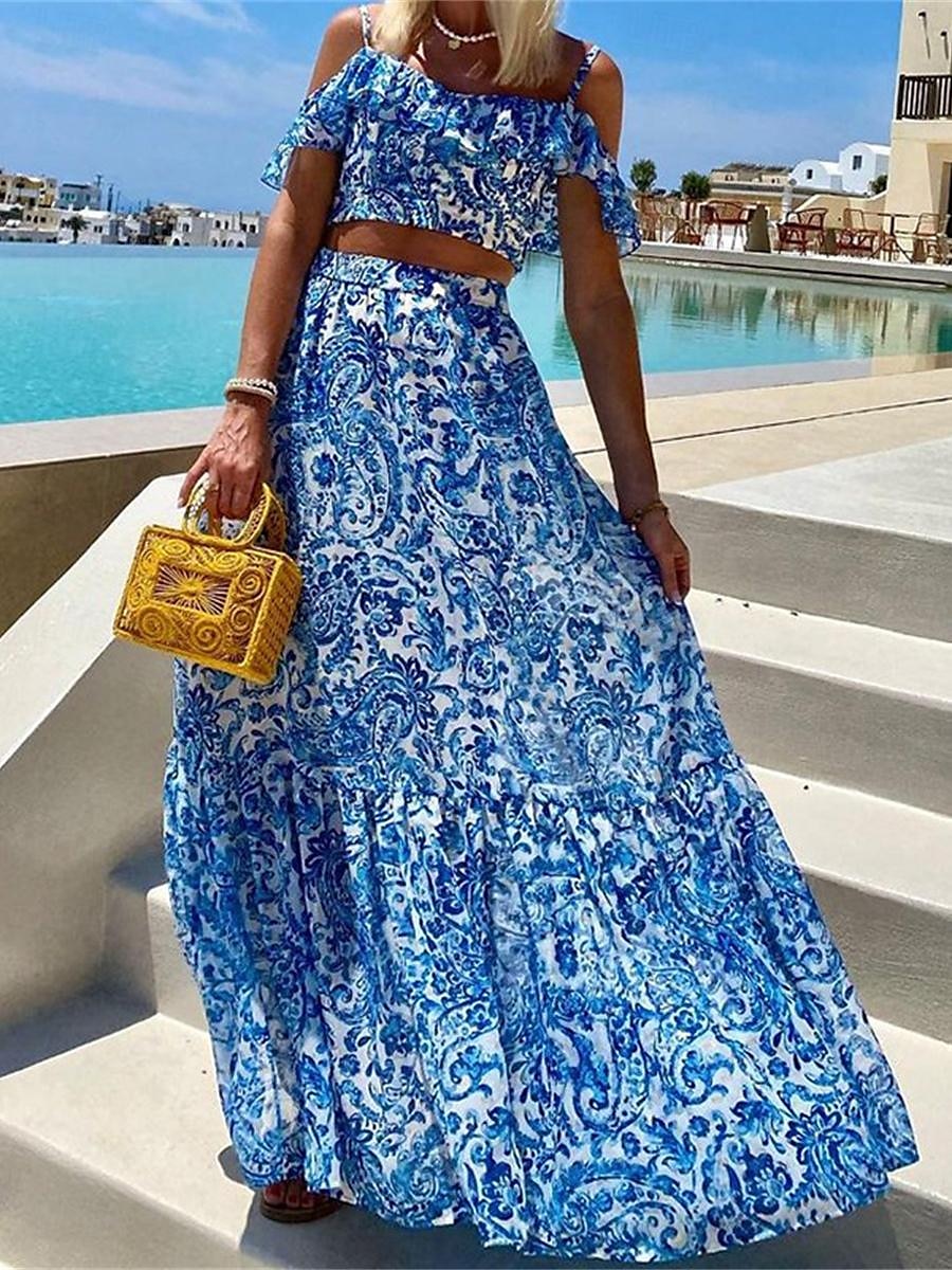 Pentru femei Set de rochii Rochie casual Set fuste Rochie leagăn Activ Modă Floral Fără Spate Imprimeu Rochie Lunga Rochie Maxi Manșon scurt Cu Bretele În aer liber Vacanță Albastru piscină Vară 2025 - $40.99 –P1