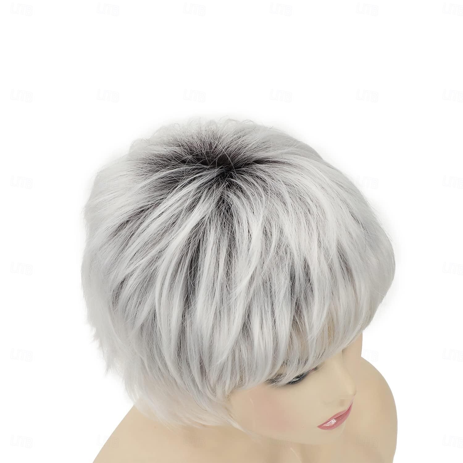 Pelucas cortas bob gris plateado para mujeres blancas peluca recta pixie bob con flequillo longitud de la barbilla resaltado rubio peluca de aspecto natural peluca sintética para fiesta diaria 2025 - $18.49 –P5