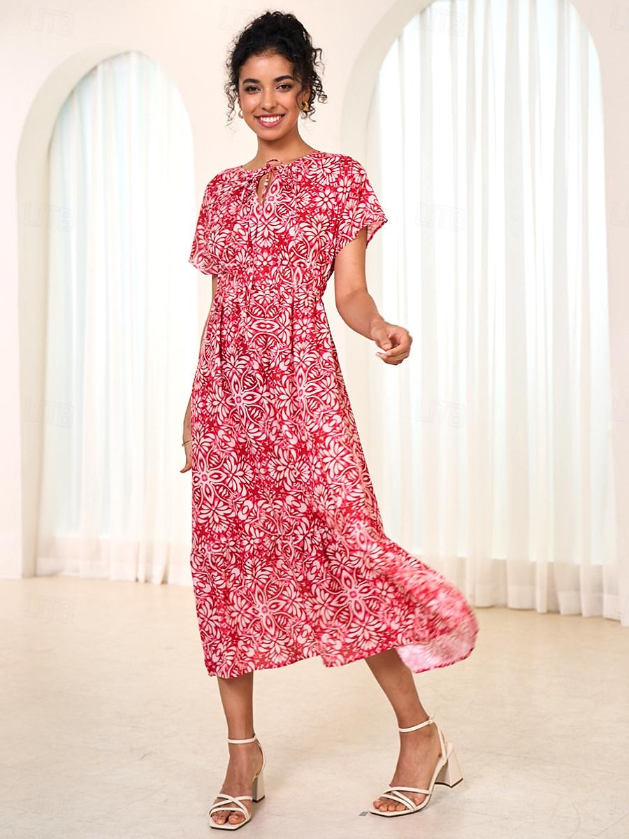 robe longue en mousseline de soie à fleurs et feuilles pour femmes, col noué, manches courtes, été de 2025 ? $7.39 –P4