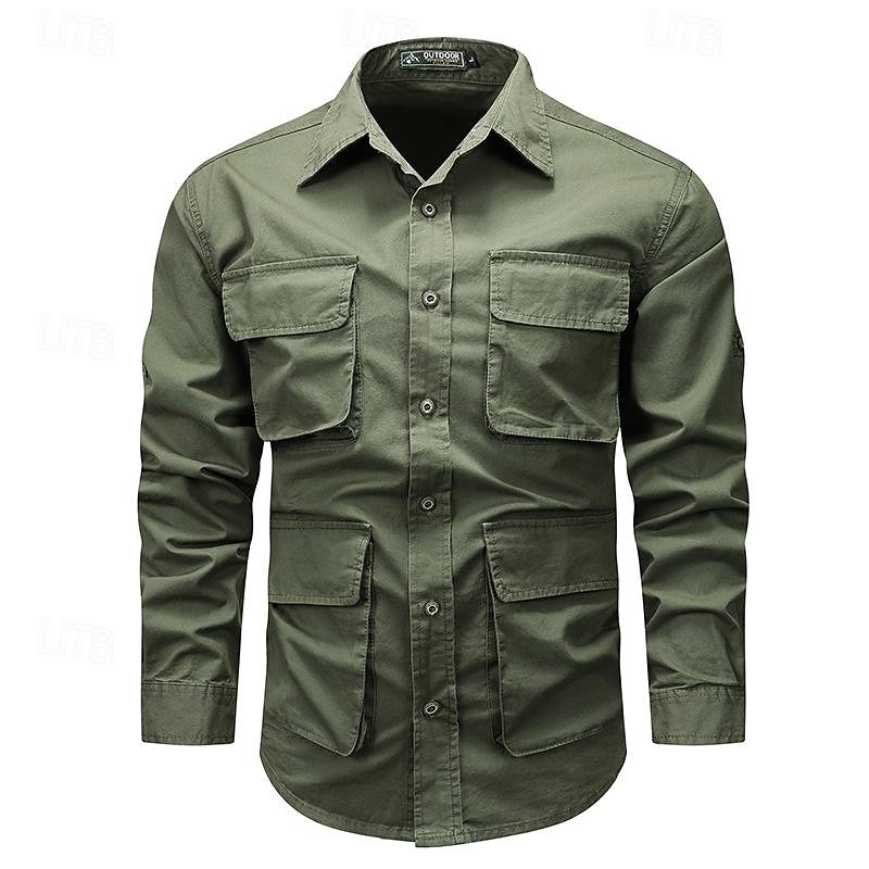 Per uomo Camicia Camicie da lavoro Maglietta informale Camicia con bottoni Camicia da carico Nero Kaki Verde militare Manica lunga Liscio Collo ripiegabile Da mare Per eventi Tasca frontale del 2026 a $54.99 –P5