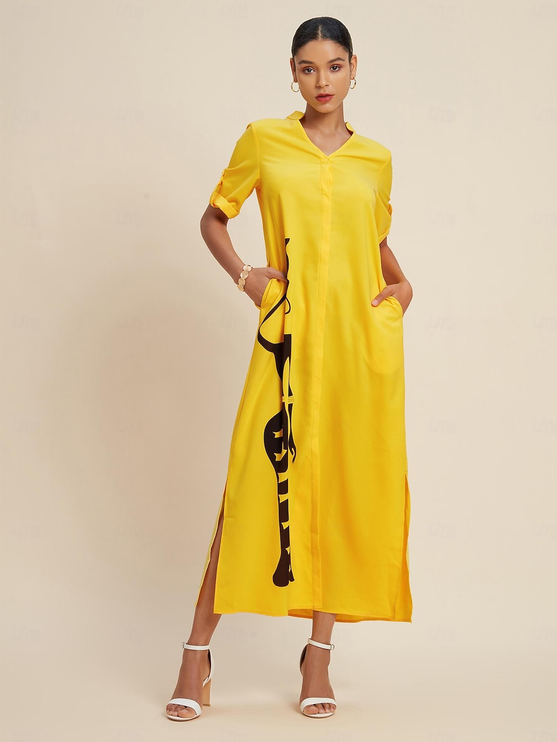 Dames Zoom Maxi Maxi-jurk Geel Korte mouw Grafische prints Karakters Dichtknopen Zak Zomer V-hals Jurken XS S M 2025 - GBP £58.22 –P4