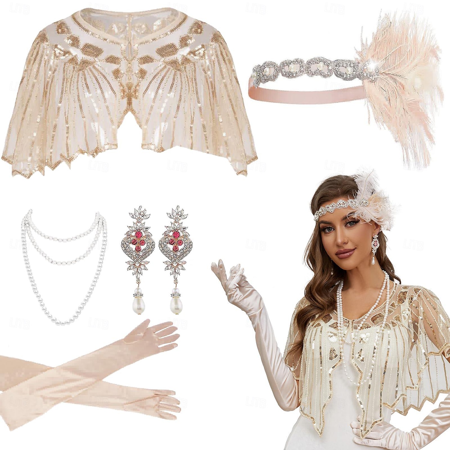 Retro Vintage Anos 20 O Grande Gatsby Faixa De Cabelo Estilo Melindrosa Conjunto de acessórios Xales Menina melindrosa Convidado do casamento Pena Mulheres Dia Das Bruxas Carnaval Baile de Máscaras de 2025 por $34.35 –P1
