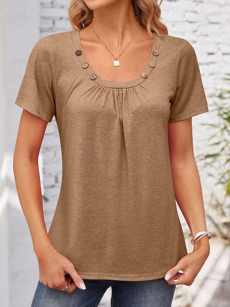 Women's Tunic Plain Stylish Short Sleeve Crew Neck Regular Tops Daily Buttons White Pink Khaki Gray Summer Spring Fall 2025 - $21.99 –P5
